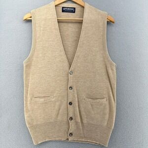 VTG Puritan Tan V Neck Button Front Sleeveless Knit Vest Sweater M Indie USA